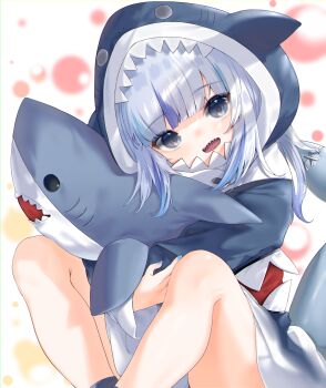1girl absurdres animal_hood blue_eyes blue_hoodie blue_streaks commentary_request fins fish_tail gawr_gura gawr_gura_(1st_costume) grey_hair highres hololive hololive_english hood hoodie kanae_(inorin05kanae) looking_at_viewer medium_hair shark_girl shark_hood shark_print shark_tail sharp_teeth smile solo stuffed_animal stuffed_shark stuffed_toy tail teeth virtual_youtuber
