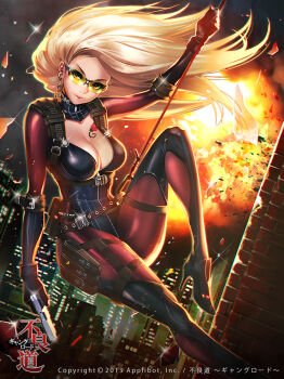 1girl blonde_hair bodysuit breasts cleavage dated explosion female_focus furyou_michi_~gang_road~ gun handgun high_heels lips lipstick long_hair makeup pouch rappelling shards solo sparkle sunglasses tattoo ukero weapon