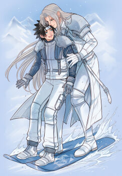 2boys alternate_costume aqua_eyes armor blush boots chest_strap closed_mouth coat crisis_core:_final_fantasy_vii crylin6 final_fantasy final_fantasy_vii full_body gloves green_eyes grey_boots grey_gloves grey_hair grey_sweater hand_on_another's_waist headband highres holding_another's_arm light_smile long_bangs long_coat long_hair male_focus mountain multiple_boys open_mouth outdoors pants parted_bangs pauldrons ribbed_sweater sephiroth short_hair shoulder_armor skiing slit_pupils snow suspenders sweater turtleneck turtleneck_sweater white_boots white_coat white_gloves white_headband white_pants white_sweater winter yaoi zack_fair