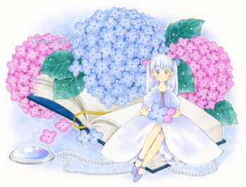 1girl book brooch chiori_n colored_pencil_(medium) commentary_request dress flower gem hydrangea jewelry long_hair looking_at_viewer mini_person minigirl original pearl_(gemstone) smile solo traditional_media white_eyes white_hair