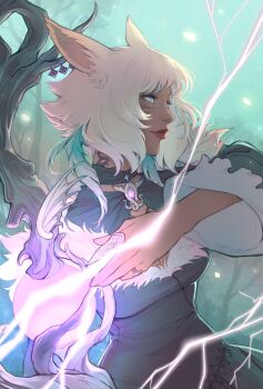 1girl animal_ears britishmuffin cat_girl dark-skinned_female dark_skin dress feathers final_fantasy final_fantasy_xiv forest green_feathers highres nature spell staff white_eyes white_hair y&#039;shtola_rhul