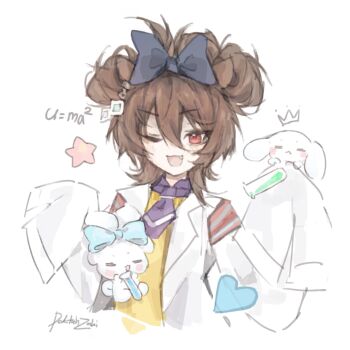 1girl agnes_tachyon_(tach-nology)_(umamusume) agnes_tachyon_(umamusume) alternate_hairstyle animal_ears blue_bow blush bow brown_hair cinnamoroll coat cropped_torso crown doktahzaki e=mc2_(equation) earrings equation fang hair_between_eyes hair_bow heart highres holding holding_test_tube horse_ears horse_girl jewelry lab_coat long_sleeves looking_at_viewer medium_hair necktie one_eye_closed open_mouth red_eyes sanrio shirt short_necktie single_earring sleeves_past_fingers sleeves_past_wrists smile star_(symbol) sweater sweater_vest test_tube umamusume white_coat yellow_sweater yellow_sweater_vest