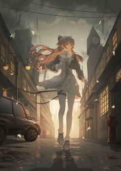 &gt;:( 1girl absurdres backlighting belt building car checkered_hairband cityscape clock clock_tower collapsing collared_dress dress fire_hydrant floating_hair foot_up full_body gloves green_eyes grey_belt grey_cloak grey_footwear grey_sky grey_sleeves hairband hand_up high_collar highres lamppost long_hair long_sleeves looking_to_the_side motor_vehicle orange_hair outdoors overcast pants pants_under_dress power_lines puffy_long_sleeves puffy_sleeves reverse:1999 road short_dress sky solo sonetto_(reverse:1999) street thigh_belt thigh_strap tower two_side_up v-shaped_eyebrows walking wet_floor white_dress white_gloves white_pants window xiamianhaiya