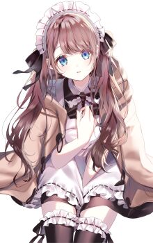 1girl absurdres apron between_legs black_dress black_thighhighs blue_eyes brown_hair brown_jacket collared_dress commentary dress eyebrows_hidden_by_hair feet_out_of_frame frilled_apron frilled_thighhighs frills grey_background hand_between_legs hand_up highres invisible_chair jacket jacket_on_shoulders long_hair looking_at_viewer maid maid_apron maid_headdress md5_mismatch misumi_(macaroni) off_shoulder open_clothes open_jacket original parted_lips resolution_mismatch ribbon-trimmed_apron ribbon_trim simple_background sitting solo source_larger thighhighs twintails very_long_hair white_apron