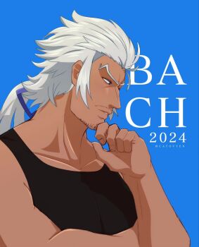 Rule 34 | 1boy, 2024, aquiline nose, artist name, black shirt, blue background, blue ribbon, catovyen, character name, classicaloid, collarbone, commentary, dark-skinned male, dark skin, english commentary, facial hair, fingernails, goatee stubble, grey hair, highres, johann sebastian bach (classicaloid), looking ahead, male focus, mature male, mustache stubble, nose, parted lips, pectorals, ribbon, shirt, simple background, solo, stubble, tank top, thinking, upper body, v-shaped eyebrows