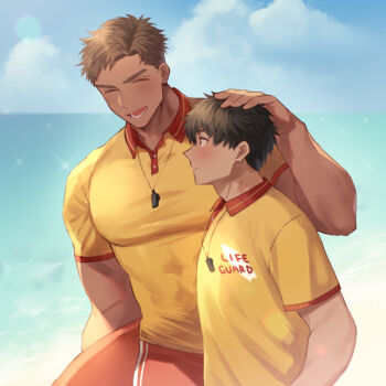 Rule 34 | 2boys, black hair, blush, brown hair, closed mouth, cloud, couple, day, closed eyes, hand on another's head, headpat, higashigunkan, large pectorals, lifeguard, male focus, multiple boys, muscular, muscular male, open mouth, original, outdoors, pectorals, red shirt, shirt, short hair, sky, smile, summer, two-tone shirt, upper body, whistle, yaoi, yellow shirt