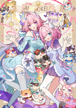 2girls absurdres aglaea_(honkai:_star_rail) alternate_costume anaxa_(honkai:_star_rail) bare_shoulders blue_dress blue_eyes castorice_(honkai:_star_rail) cerydra_(honkai:_star_rail) chimera chrysos_heirs_(honkai:_star_rail) cipher_(honkai:_star_rail) cyrene_(aedes_elysiae)_(honkai:_star_rail) cyrene_(honkai:_star_rail) cyrene_(ripples_of_past_reverie)_(honkai:_star_rail) dan_heng_(honkai:_star_rail) dan_heng_(permansor_terrae)_(honkai:_star_rail) dress dual_persona evernight_(honkai:_star_rail) flower garter_straps gou_lianlian_dogface grey_thighhighs hair_flower hair_ornament hand_up highres honkai:_star_rail honkai_(series) hyacine_(honkai:_star_rail) hysilens_(honkai:_star_rail) long_hair long_sleeves march_7th_(honkai:_star_rail) medium_hair mem_(honkai:_star_rail) multiple_girls mydei_(honkai:_star_rail) open_mouth phainon_(honkai:_star_rail) pink_hair purple_eyes shoes skirt smile symbol-shaped_pupils thighhighs trailblazer_(honkai:_star_rail) tribbie_(honkai:_star_rail) very_long_hair white_garter_straps white_thighhighs