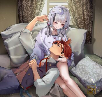 1boy 1girl absurdres asumi_sena black_hair choker commentary couple curtains eredhen heart_pendant highres hime_cut holding_hands lap_pillow looking_at_another madtown_gta multicolored_hair off-shoulder_sweater off_shoulder orange_hair pants pink_eyes purple_eyes shorts sleep_mask sweater symbol-only_commentary twintails two-tone_hair vest white_hair yukoku_roberu