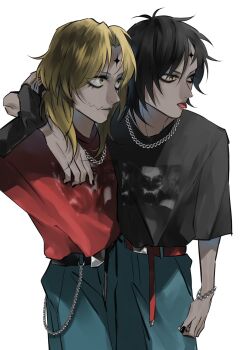 2boys arm_behind_head belt black_belt black_eyeliner black_gloves black_hair black_nails black_shirt blonde_hair blue_pants bracelet chain chain_bracelet chain_necklace colored_skin d.gray-man devit eyeliner facial_mark facing_to_the_side fingerless_gloves forehead_mark gloves grey_skin hair_between_eyes hair_over_shoulder hand_on_another&#039;s_shoulder highres jasdero jewelry koshian_(mruc9) looking_to_the_side makeup male_focus medium_hair messy_hair multiple_boys necklace noah_(d.gray-man) pants red_belt red_shirt shirt short_hair simple_background single_glove stitched_face stitches tongue tongue_out white_background yellow_eyes