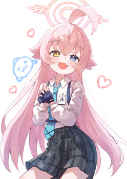 1girl absurdres ahoge black_gloves black_skirt blue_archive blue_eyes blue_necktie blush commentary_request fang fingerless_gloves gloves hair_between_eyes halo heart heterochromia highres hoshino_(blue_archive) id_card long_hair long_sleeves necktie open_mouth own_hands_together pikamame_il pink_hair pink_halo plaid_clothes plaid_skirt puffy_long_sleeves puffy_sleeves school_uniform shirt simple_background skin_fang skirt smile solo straight_hair very_long_hair white_background white_shirt yellow_eyes