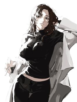 Rule 34 | 1girl, arm up, black pants, black sweater, breasts, brown eyes, brown hair, cigarette, coat, commentary request, highres, holding, holding cigarette, ieiri shoko, jujutsu kaisen, lab coat, large breasts, long hair, looking at viewer, midriff peek, mole, mole under eye, pants, parted lips, raberu ruru, simple background, solo, sweater, turtleneck, turtleneck sweater, white background, white coat