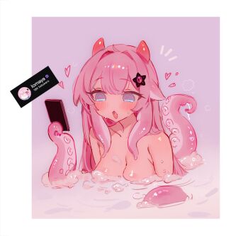 1girl @_@ aqua_eyes bathing blush border breasts cellphone cleavage collarbone commentary completely_nude english_commentary fang fish hair_ornament heart holding holding_phone holding_with_tentacle horns indie_virtual_youtuber iomaya_(vtuber) large_breasts long_hair nixeu nude open_mouth phone pink_hair pink_horns smartphone solo star_(symbol) star_hair_ornament tentacles virtual_youtuber water white_border