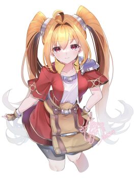 1girl ahoge antenna_hair armor bike_shorts bike_shorts_under_skirt breasts brown_gloves brown_hair commentary_request cropped_jacket dated double-parted_bangs eiyuu_densetsu estelle_bright fingerless_gloves gloves hair_between_eyes hair_intakes hand_on_own_hip high_collar highres long_hair looking_at_viewer medium_breasts pauldrons red_eyes short_sleeves shorts shoulder_armor signature simple_background single_pauldron skirt solo sora_no_kiseki twintails upper_body very_long_hair white_background yuanagae