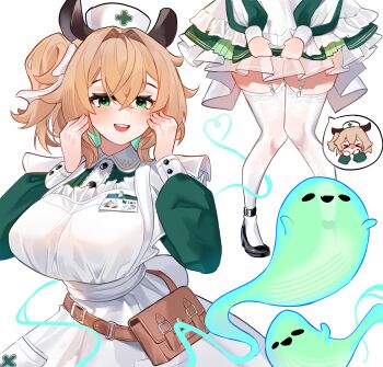 1girl absurdres animal_ears apron blonde_hair clulless contrast_collar dress garter_straps green_dress green_eyes hair_between_eyes hat highres indie_virtual_youtuber knees_together_feet_apart lace lace-trimmed_legwear lace-trimmed_thighhighs lace_trim name_tag naplings_(nimi_nightmare) nimi_nightmare nimi_nightmare_(1st_costume) nurse nurse_cap one_side_up round_collar rounded_collar sleeve_slit solo tapir_ears tapir_girl thighhighs virtual_youtuber waist_bag white_apron