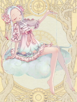 1girl barefoot bow closed_eyes cloud dairoku_ryouhei dress dress_bow facing_viewer floral_print flower forehead gradient_hair hair_flower hair_ornament i3_(tw) long_hair multicolored_hair on_cloud pink_bow pink_hair sitting solo wet white_flower yellow_background