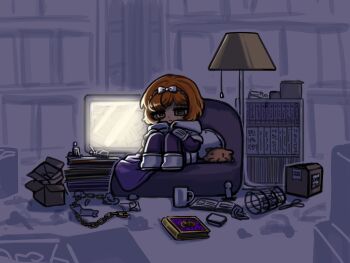 1girl book bookshelf bow chain commentary_request cup gloves hair_bow highres hood hood_down ishmael_(project_moon) knees_up korean_commentary lamp limbus_company lonely middle_(identity)_(project_moon) mug nra_3614 orange_hair project_moon sad scissors sitting solo television white_bow white_gloves yellow_eyes