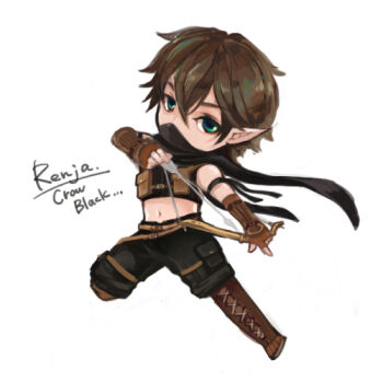 Rule 34 | 1boy, alternate color, black scarf, black shirt, black shorts, boots, brown boots, brown gloves, brown hair, chibi, chibi only, commentary request, crop top, fingerless gloves, full body, gloves, gobaku no hito, green eyes, hair between eyes, looking at viewer, lowres, male focus, midriff, navel, pointy ears, ragnarok masters, ragnarok online, ranger (ragnarok online), scarf, shirt, short hair, shorts, simple background, sleeveless, sleeveless shirt, solo, white background