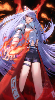 1girl absurdres alternate_costume arm_belt beckody belt black_shorts bow collared_shirt commentary fire fujiwara_no_mokou grey_hair grin hair_bow hand_on_own_hip highres long_hair looking_at_viewer navel ofuda ofuda_on_clothes pyrokinesis red_eyes shirt shorts smile solo suspenders thigh_belt thigh_strap touhou touhou_gensou_eclipse very_long_hair watermark white_shirt