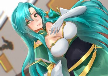 1girl aqua_hair armor bow braid breasts chloe_(fire_emblem) cleavage fire_emblem fire_emblem_engage gloves green_eyes nintendo orange_bow rinku_bny shoulder_armor side_braid white_gloves