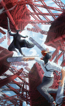 2boys absurdres airborne battle belt belt_pouch black_coat black_footwear black_headwear black_necktie black_pants black_shirt blade blue_sky brown_belt buttons chainsaw chainsaw_man chromatic_aberration cloud cloudy_sky coat collared_shirt colored_skin commentary_request construction construction_site day denji_(chainsaw_man) facing_viewer from_below full_body grey_pants grey_skin hat highres katana_man_(chainsaw_man) lapels lens_flare blue_background long_sleeves looking_at_another loose_necktie male_focus monster multicolored_background multiple_boys necktie notched_lapels open_clothes open_coat outdoors pants pouch red_background sharp_teeth sharp_tongue shirt shoes sky sleeves_past_wrists sleeves_rolled_up slime_nyang sneakers steel_beam teeth veins white_background white_footwear white_shirt wing_collar