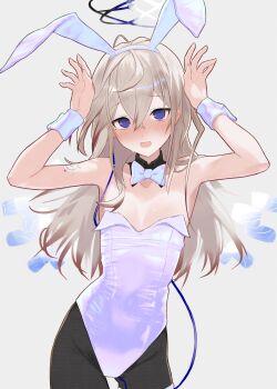 1girl @_@ absurdres ahoge alternate_costume animal_ear_hairband animal_ears arknights armpits arms_up bare_shoulders black_collar black_pantyhose blonde_hair blue_eyes blue_ribbon bow bowtie breasts breasts_apart collar commentary cowboy_shot detached_collar dot_nose double_halo dr.lamina earrings embarrassed energy_wings fake_animal_ears grey_background groin hair_between_eyes hairband halo highres hypnosis jewelry leotard long_hair long_sidelocks looking_at_viewer mind_control mole mole_under_eye open_mouth oversized_breast_cup pantyhose playboy_bunny rabbit_ear_hairband rabbit_ears rabbit_pose ribbon shoulder_tattoo sidelocks single_earring small_breasts small_sweatdrop solo strapless strapless_leotard tattoo vannini_(arknights) white_bow white_bowtie white_leotard white_wrist_cuffs wrist_cuffs