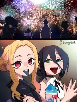 2boys 2girls absurdres black_choker black_hair black_kimono blonde_hair blue_tongue blush bongftah chainsaw_man choker colored_contact_lens colored_tongue commentary denji_(chainsaw_man) firework_background fireworks food gojou_wakana green_eyes highres ice_cream japanese_clothes kimono kiss kitagawa_marin long_hair looking_at_viewer multiple_boys multiple_girls red_eyes red_tongue reze_(chainsaw_man) short_hair sono_bisque_doll_wa_koi_wo_suru standing symbol-only_commentary tongue tongue_out yukata