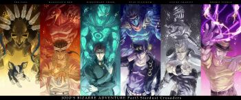 5boys bad_id bad_pixiv_id dark-skinned_male dark_skin dog hermit_purple hierophant_green highres iggy_(jojo) jean_pierre_polnareff jojo_no_kimyou_na_bouken joseph_joestar joseph_joestar_(old) kakyoin_noriaki karita_(kali_lgk) kuujou_joutarou looking_at_viewer magician&#039;s_red male_focus mohammed_avdol multiple_boys short_hair silver_chariot stand_(jojo) star_platinum the_fool_(stand)