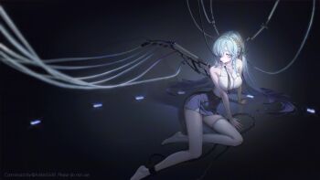 1girl aakin5349 absurdres ankle_cuffs aqua_eyes aqua_hair bare_arms bare_shoulders barefoot black_necktie blue_skirt braid breasts chain chained closed_mouth collarbone commentary_request commission full_body hair_over_shoulder highres indie_virtual_youtuber korean_commentary large_breasts laurel_crown legs long_hair looking_at_viewer mechanical_wings miniskirt necktie no_shoes on_floor one_eye_covered pencil_skirt shirt side_braid single_thighhigh sitting skirt sleeveless sleeveless_shirt thighhighs thighs twitter_username undone_necktie white_shirt white_thighhighs wings