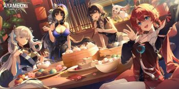 Rule 34 | 4girls, abby (wuthering waves), absurdres, ahoge, alternate breast size (larger), arm up, artist name, ayamekiki, bare shoulders, beret, black collar, black dress, black eyes, black hair, black skirt, blue eyes, blue hat, bow, breasts, chopsticks, cleavage, collar, commentary, cross-laced clothes, cross-laced dress, danjin (wuthering waves), dated, dress, earrings, female rover (wuthering waves), hair bow, hair intakes, hair ornament, hair rings, hand up, hat, highres, holding, holding chopsticks, hoop earrings, indoors, jewelry, jinhsi (wuthering waves), large breasts, looking at viewer, multiple girls, open mouth, red hair, red tabard, rover (wuthering waves), sitting, skirt, smile, tabard, untranslatable commentary, waving, white eyes, white hair, wuthering waves, yangyang (wuthering waves), yellow eyes