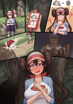 &gt;_&lt; 1boy 1girl :p ? @_@ ^_^ ^o^ absurdres against_tree age_difference anger_vein angry black_pantyhose blue_eyes blush bow breasts brown_hair bush cellphone closed_eyes dark-skinned_male dark_skin double_bun fake_phone_screenshot fake_screenshot fat fat_man forest gen_3_pokemon gen_5_pokemon hair_bow hair_bun highres imminent_rape large_breasts minccino nature nintendo old old_man older_male_and_younger_female outdoors pantyhose pantyhose_under_shorts phone poke_ball pokedex pokemon pokemon_bw2 poper_(arin_sel) rosa_(pokemon) scared shirt shorts slaking smartphone smile speech_bubble squatting tank_top tearing_up tears thinking thought_bubble throwing tongue tongue_out tree trembling twintails ugly_bastard visor_cap wavy_hair white_tank_top yellow_shorts you_gonna_get_raped