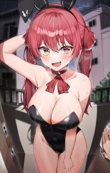 1girl absurdres animal_ears arm_behind_head arm_up arrow_through_heart ascot bare_shoulders black_leotard blush breasts cleavage collarbone covered_navel doorway fake_animal_ears fang groin hair_between_eyes hair_ribbon heterochromia highleg highleg_leotard highres hololive houshou_marine kuse_(0201) large_breasts leotard long_hair looking_at_viewer open_mouth playboy_bunny pov pov_doorway pov_hands rabbit_ears rain red_ascot red_eyes red_hair red_ribbon ribbon skin_fang solo standing strapless strapless_leotard thighs twintails virtual_youtuber wet wet_clothes yellow_eyes