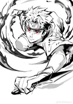 1boy closed_mouth forehead_protector greyscale highres holding holding_kunai holding_weapon konohagakure_symbol kunai male_focus momoyoru1 monochrome naruto_(series) naruto_shippuuden red_eyes short_hair sideburns simple_background solo spot_color uchiha_shisui watermark weapon weibo_watermark white_background