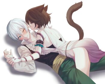 Rule 34 | 1boy, 1girl, animal ears, assertive female, blue eyes, blush, brown eyes, brown hair, chinese commentary, closed mouth, commentary request, commission, cosplay, couple, cyacyacyacyaki, dress, gradient clothes, gradient dress, green pants, hetero, highres, kemonomimi mode, ochette (octopath traveler), ochette (octopath traveler) (cosplay), octopath traveler, octopath traveler ii, one eye closed, open mouth, pants, purple dress, second-party source, short hair, sideless dress, smile, snake tattoo, tail, tattoo, temenos mistral, throne anguis, two-tone dress, white background, white dress, white hair