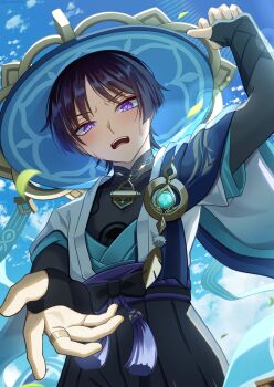 Rule 34 | 1boy, absurdres, anemo symbol (genshin impact), angoma0123, arm at side, arm up, armor, belt, black belt, black bodysuit, black bow, black bridal gauntlets, black hair, black shorts, blue cape, blue gem, blue hat, blue kimono, blue sky, blue sleeves, blunt ends, bodysuit, bow, bridal gauntlets, cape, cloud, cloudy sky, commentary request, covered collarbone, cowboy shot, curled fingers, eyeliner, eyeshadow, falling leaves, feathers, from below, furisode, gem, genshin impact, gold, gold ring, hakama, hakama shorts, hat, highres, japanese armor, japanese clothes, jingasa, juban, kimono, kote, kurokote, layered sleeves, leaf, looking at viewer, makeup, male focus, mandarin collar, middle ring, offering hand, open clothes, open hand, open kimono, open mouth, outdoors, parted bangs, pleated shorts, pom pom (clothes), purple eyes, purple pupils, purple rope, purple sash, reaching, reaching towards viewer, red eyeliner, red eyeshadow, rope, sash, scaramouche (genshin impact), short sleeves, shorts, sky, solo, sunlight, sweat, teeth, tongue, tsurime, uneven eyes, upper teeth only, wanderer (genshin impact), white kimono, white sleeves, white trim, wispy bangs, yellow feathers