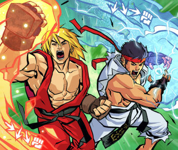Rule 34 | 2boys, abs, belt, black belt, blonde hair, blue electricity, command input, dougi, electricity, energy ball, explosion, explosion background, fingerless gloves, fire, fireball, flaming hand, gloves, headband, karate gi, ken masters, male focus, multiple boys, muscular, muscular male, oscarcelestini, ryu (street fighter), street fighter, torn clothes, torn sleeves