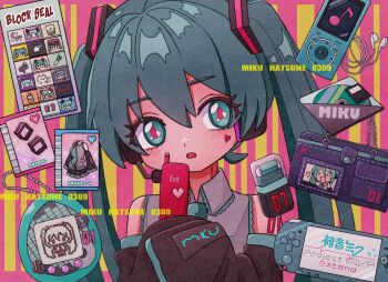 1girl 39 black_rock_shooter blue_eyes blue_hair blush cd cellphone character_name digital_media_player facial_mark flip_phone hachune_miku handheld_game_console hands_up hatsune_miku hatsune_miku_(supreme) hawkbrdg heart heart_facial_mark highres holding holding_phone ievan_polkka_(vocaloid) karakuri_pierrot_(vocaloid) koi_wa_sensou_(vocaloid) long_hair looking_at_viewer matryoshka_(vocaloid) miku_day miku_miku_ni_shite_ageru_(vocaloid) open_mouth phone playstation_portable poppippoo_(vocaloid) project_diva_(series) project_diva_extend rolling_girl_(vocaloid) senbonzakura_(vocaloid) shinkai_shoujo_(vocaloid) striped_background tamagotchi tamagotchi_(virtual_pet) twintails very_long_hair virtual_pet_(toy) vocaloid wallet world_is_mine_(vocaloid)