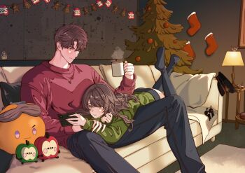 1boy 1girl absurdres apple black_pants black_shorts black_socks brown_eyes brown_hair caleb_(love_and_deepspace) christmas_ornaments christmas_stocking christmas_tree commentary couch couple cup english_commentary food fruit green_sweater hair_between_eyes hetero highres holding holding_another&#039;s_wrist holding_cup holding_phone indoors jewelry lamp light_blush long_hair looking_at_another love_and_deepspace necklace pants parted_bangs phone protagonist_(love_and_deepspace) purple_eyes red_sweater short_hair shorts socks steaming_cup stuffed_apple sweater tako_drawing