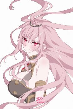 1girl absurdres bare_shoulders black_tiara blush breasts cleavage dress highres hololive hololive_english kamiya_maneki large_breasts long_hair looking_at_viewer mori_calliope mori_calliope_(1st_costume) pink_eyes pink_hair signature simple_background solo tiara twitter_username upper_body virtual_youtuber white_background