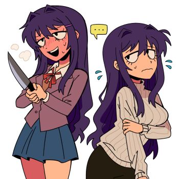 Rule 34 | ..., 1girl, alternate costume, arm under breasts, blush, doki doki literature club, doki doki literature club school uniform, flying sweatdrops, hair intakes, highres, holding, holding knife, hand on own arm, knife, long hair, marreeps, multiple views, pleated skirt, purple hair, ribbed sweater, school uniform, skirt, smile, spoken ellipsis, sweater, upper body, wavy hair, white background, yuri (doki doki literature club)