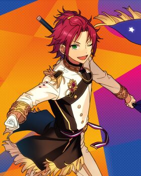 1boy bangs_pinned_back beads buttons clenched_hands cowboy_shot curtained_hair ensemble_stars! game_cg gloves green_eyes hair_ornament hairclip happy_elements holding isara_mao long_sleeves looking_at_viewer male_focus official_alternate_costume official_art one_eye_closed open_mouth pants red_hair short_hair single_glove smile solo star_(symbol) teeth third-party_source variant_set white_gloves