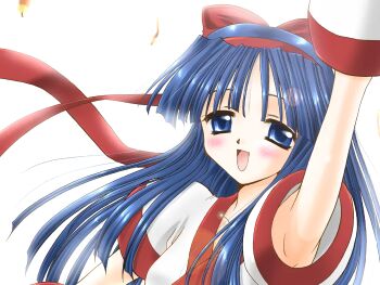 1girl ainu_clothes arm_up armpits artist_request blue_eyes blue_hair breasts feathers gloves hair_ribbon half-closed_eyes highres long_hair looking_at_viewer medium_breasts nakoruru open_mouth ribbon samurai_spirits smile snk solo source_request the_king_of_fighters tongue