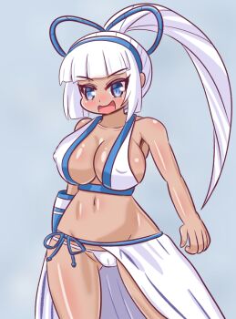 1girl artist_request bikini blue_eyes breasts cameltoe cleavage covered_erect_nipples dark-skinned_female dark_skin hair_ribbon large_breasts legs long_hair majikina_mina navel open_mouth ponytail ribbon samurai_spirits sarong smile snk solo source_request swimsuit thighs tongue white_hair