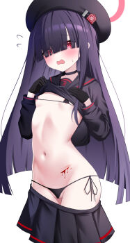 1girl absurdres areola_slip beret black_choker black_gloves black_hair black_hat black_sailor_collar black_serafuku black_skirt blood blue_archive blush choker eyes_visible_through_hair flat_chest gloves hair_over_eyes halo hat highres injury justice_task_force_member_(blue_archive) long_hair long_sleeves navel open_mouth otakummm pleated_skirt red_eyes red_halo sailor_collar school_uniform serafuku simple_background skirt solo white_background