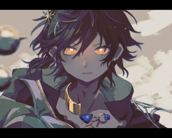 Rule 34 | 1boy, arknights, black hair, bright pupils, commentary, dark-skinned male, dark skin, earrings, grey background, hair between eyes, hashtag-only commentary, highres, jewelry, jippu (el3ctricbuster), letterboxed, looking at viewer, male focus, necklace, orange eyes, short hair, solo, thorns (arknights), thorns the lodestar (arknights), upper body, white pupils