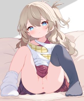 1girl absurdres anus black_thighhighs blue_eyes censored cleft_of_venus commission highres kasukabe_tsumugi loli long_hair looking_at_viewer mosaic_censoring one_side_up pawrorikon pixiv_commission pussy shirt sitting skirt socks solo thighhighs voicevox white_shirt
