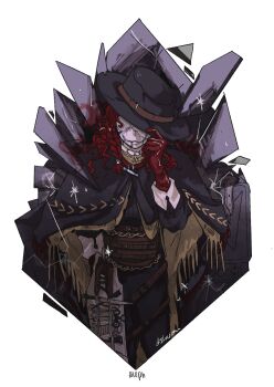 1boy adjusting_clothes adjusting_headwear aleph_(reverse:1999) black_cape black_hat black_pants blue_shirt cape commentary covered_face cracked_mask cropped_torso facing_viewer gloves hand_on_headwear hand_up hat highres long_hair male_focus merlin_(reverse:1999) pants red_gloves red_hair reverse:1999 shards shirt solo soppy_loser straight-on surgical_scissors symbol-only_commentary syringe tool_kit upper_body white_background white_mask