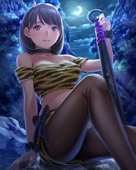 1girl anegasaki_nene animal_print backlighting bare_shoulders black_choker black_pantyhose black_scrunchie blush breasts brown_hair choker cloud club club_(weapon) collarbone cone_horns crescent_moon from_below hand_up holding horns kanabou looking_at_viewer love_plus medium_hair mole mole_under_eye moon night official_art on_crescent on_rock oni_costume outdoors pantyhose parted_lips purple_eyes rock scrunchie sitting smile solo spiked_club star_(sky) starry_moon strapless tiger_print tree tube_top weapon wrist_scrunchie yellow_tube_top