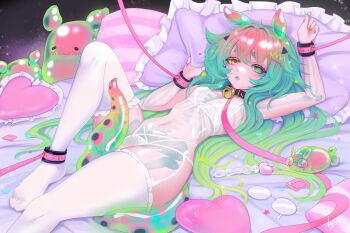 1girl ankle_cuffs bdsm bell bondage bondage_cuffs bone bound bqbae bra breasts collar colored_eyelashes commentary condom dildo fidgey_sluggins food glasses hair_ornament heterochromia highres indie_virtual_youtuber jingle_bell leash lingerie long_hair lying monster_girl multicolored_hair navel noodles on_back on_bed panties pillow ribs see-through_body sex_toy skeleton slave slug slug_girl small_breasts soba solo thighhighs underwear untranslatable_commentary virtual_youtuber white_bra white_panties white_thighhighs wrist_cuffs