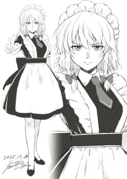 1girl apron back_bow bow braid braided_sidelocks commentary dated dress frilled_apron frills fujishiro_shinobu greyscale hair_bow highres izayoi_sakuya looking_at_viewer maid maid_apron maid_headdress monochrome multiple_views necktie short_hair signature touhou v-shaped_eyebrows