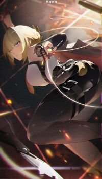 1girl absurdres arched_back ass bare_shoulders black_pants blonde_hair blurry blurry_background breasts chest_harness commentary commentary_request elbow_gloves english_commentary evelyn_chevalier feet_out_of_frame fire gloves half_gloves harness high-waist_pants highres knife lalacz large_breasts latex_pants looking_at_viewer mixed-language_commentary necktie pants parted_lips purple_eyes shirt single_elbow_glove single_half_glove sleeveless sleeveless_shirt solo thighs thread tight_clothes tight_pants white_shirt yellow_necktie zenless_zone_zero